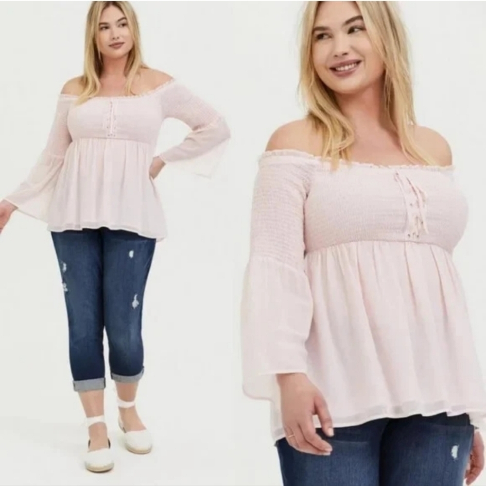 Torrid Blush Pink Swiss painted Dot Smocked Off-the-Shoulder Tunic Top Babydoll